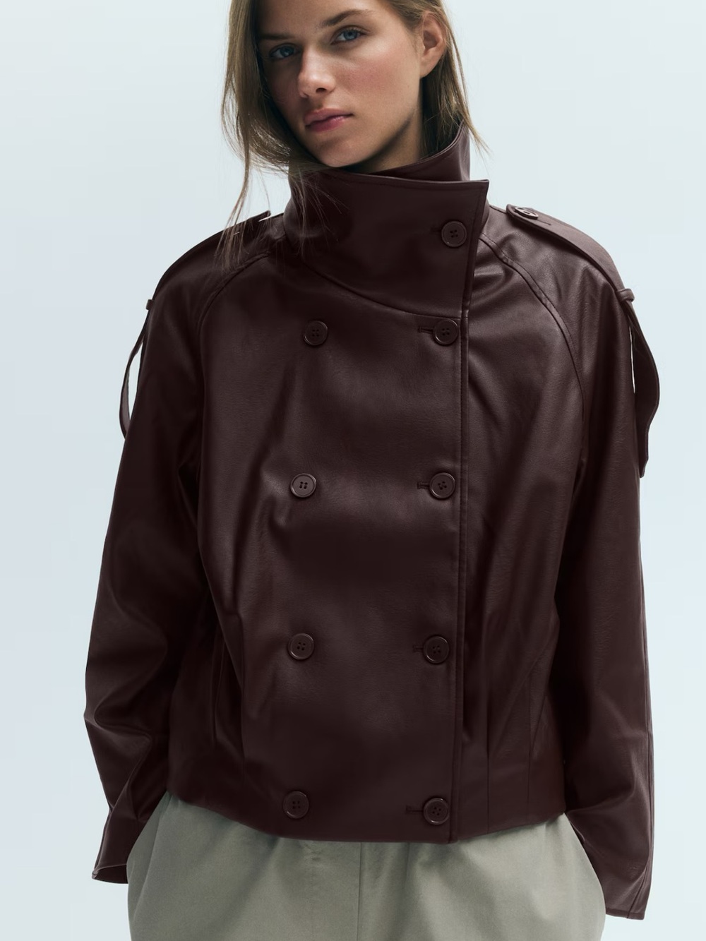 H&M Double-Breasted Faux Leather Jacket in Dark Brown